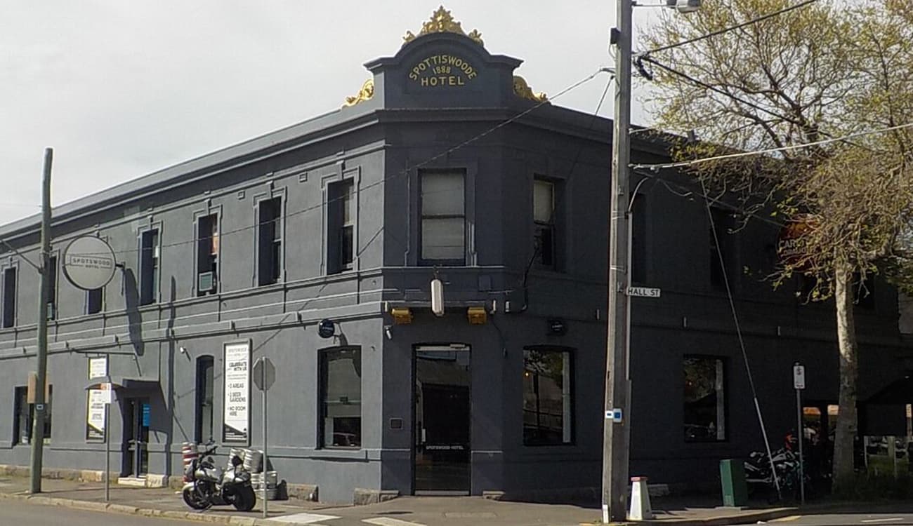 Exterior of The Spotswood Hotel corner street entrance in Spotswood.